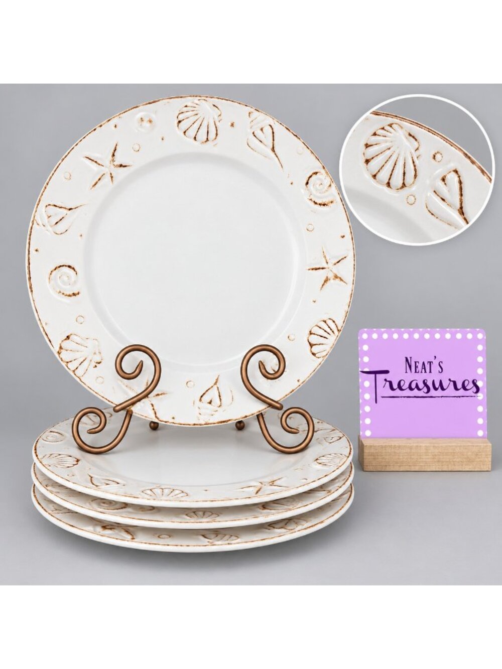 Thomson Pottery HAMPTON Seashells Embossed Rustic Off White Dinner Plates Set 4